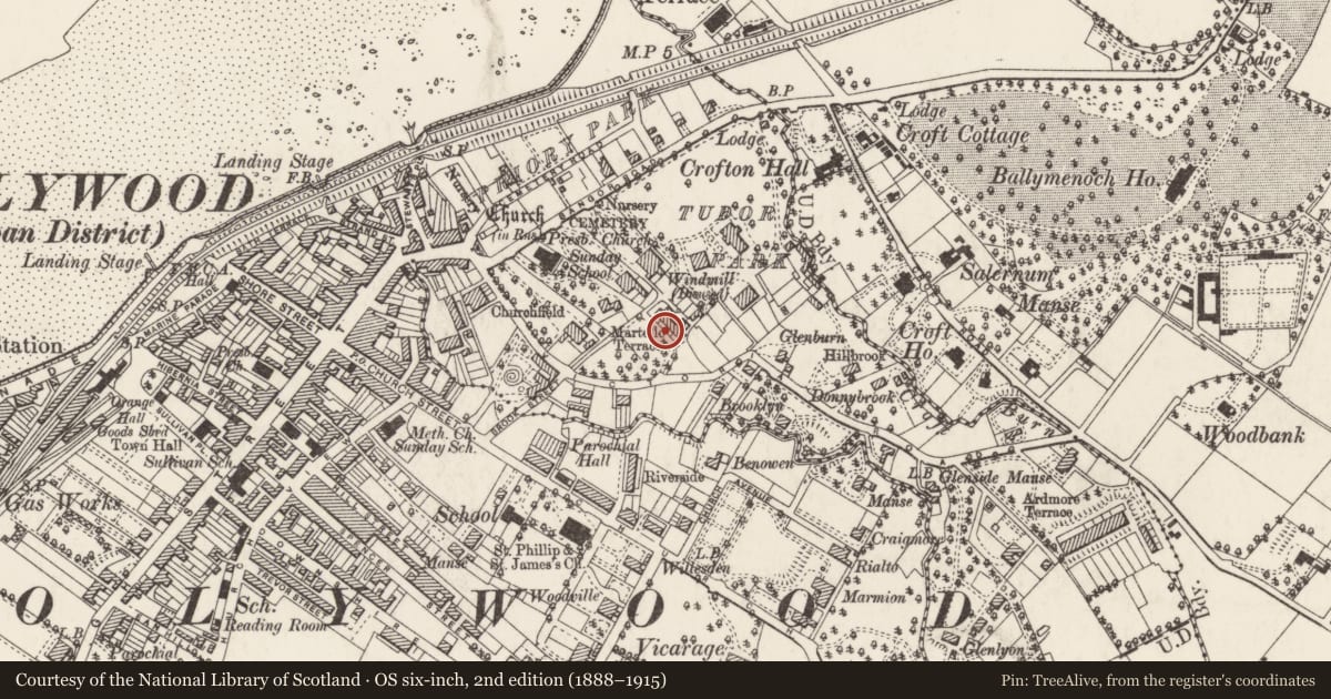 Ordnance Survey six-inch map, 2nd edition (1888–1915) covering the location of 2 Martello Terrace, Ballymenagh, Ards and North Down, with a pin at the register's coordinates