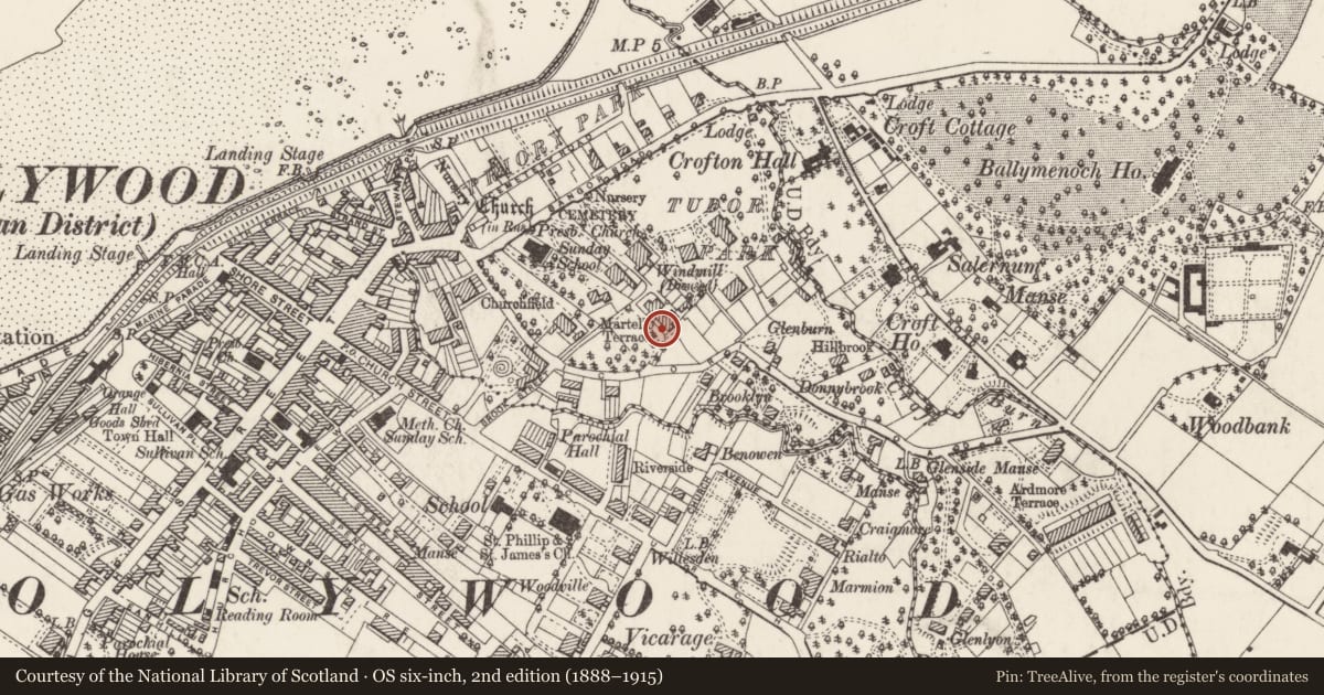Ordnance Survey six-inch map, 2nd edition (1888–1915) covering the location of 3 Martello Terrace, Ballykeel, Ards and North Down, with a pin at the register's coordinates