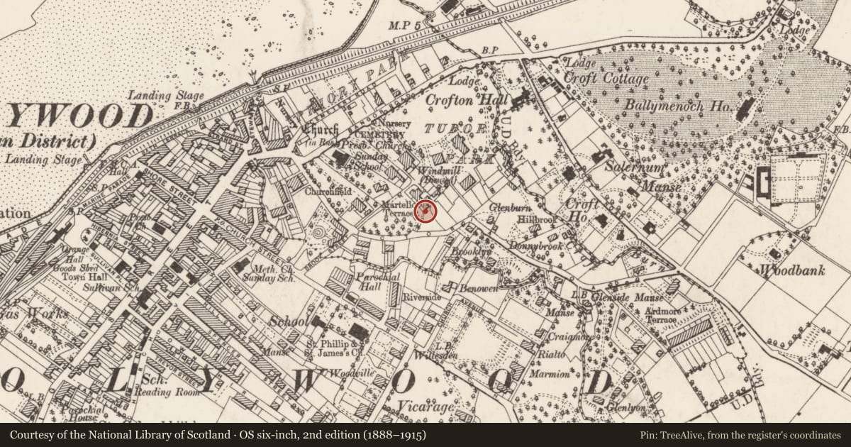 Ordnance Survey six-inch map, 2nd edition (1888–1915) covering the location of 4 Martello Terrace, Ballykeel, Ards and North Down, with a pin at the register's coordinates