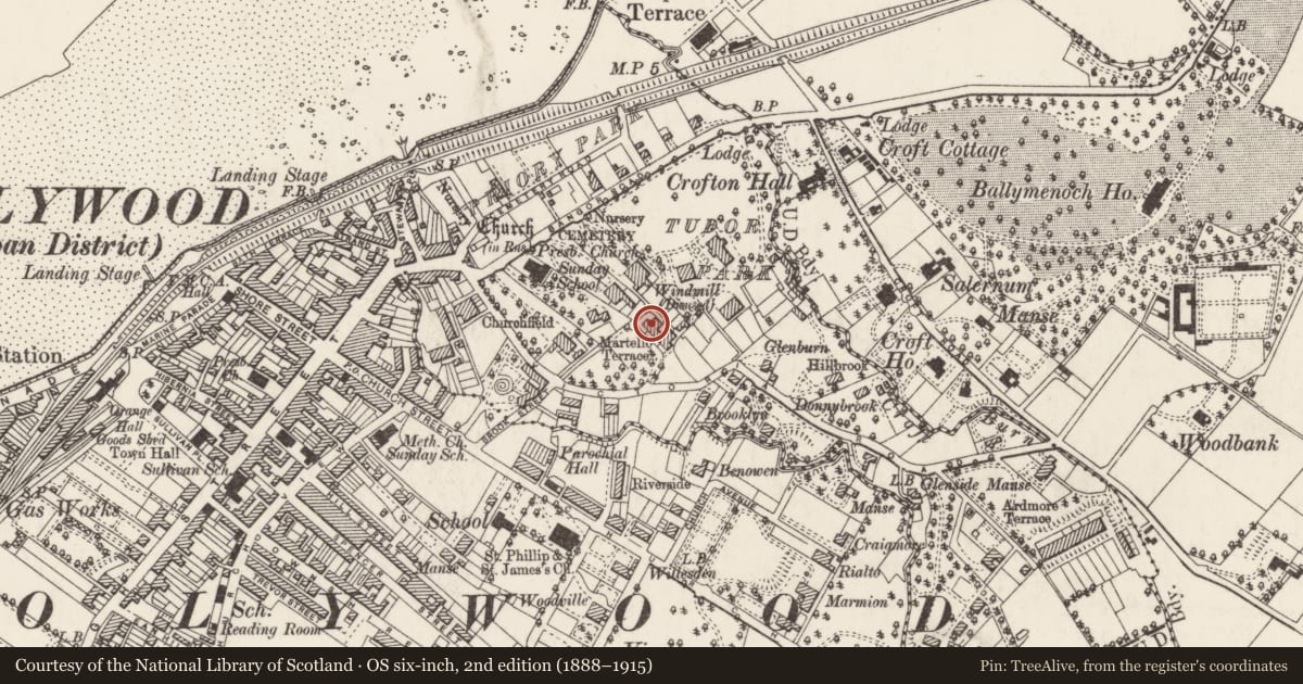 Ordnance Survey six-inch map, 2nd edition (1888–1915) covering the location of Martello Tower, Ards and North Down, with a pin at the register's coordinates
