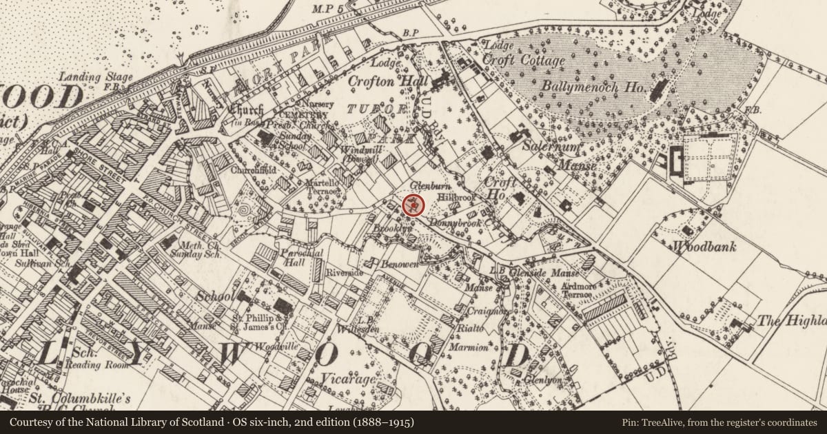 Ordnance Survey six-inch map, 2nd edition (1888–1915) covering the location of 20 Victoria Road, Ballykeel, Ards and North Down, with a pin at the register's coordinates