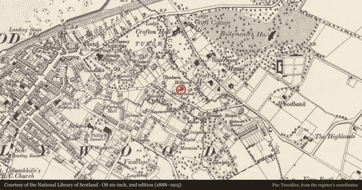 Ordnance Survey six-inch map, 2nd edition (1888–1915) covering the location of 22 Victoria Road, Ballykeel, Ards and North Down, with a pin at the register's coordinates