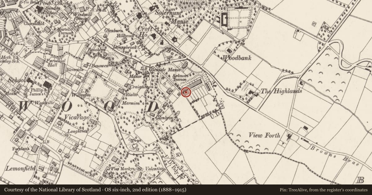 Ordnance Survey six-inch map, 2nd edition (1888–1915) covering the location of 1 Ardmore Terrace, Ballykeel, Ards and North Down, with a pin at the register's coordinates