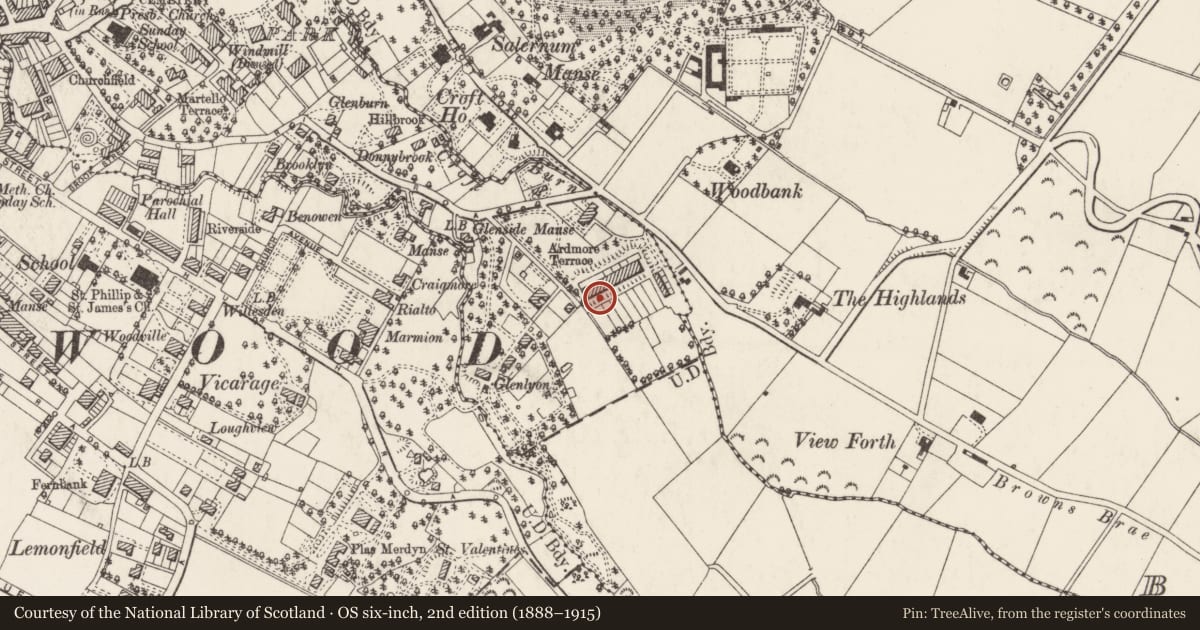 Ordnance Survey six-inch map, 2nd edition (1888–1915) covering the location of 2 Ardmore Terrace, Ballykeel, Ards and North Down, with a pin at the register's coordinates