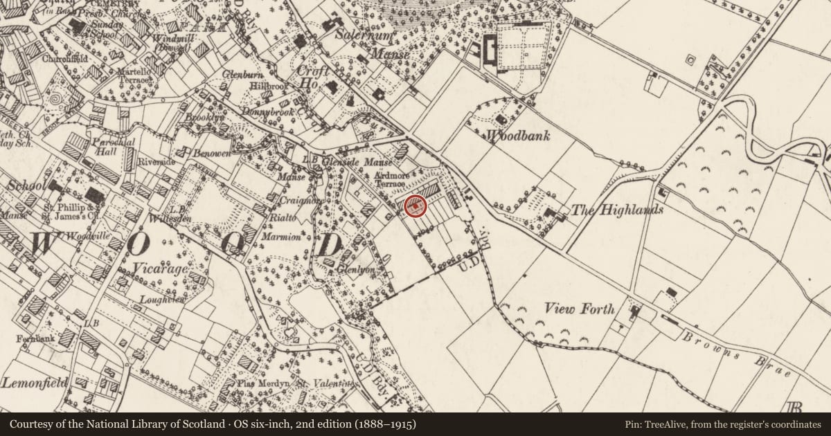 Ordnance Survey six-inch map, 2nd edition (1888–1915) covering the location of 3 Ardmore Terrace, Ballykeel, Ards and North Down, with a pin at the register's coordinates