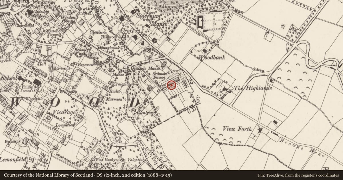 Ordnance Survey six-inch map, 2nd edition (1888–1915) covering the location of 4 Ardmore Terrace, Ballykeel, Ards and North Down, with a pin at the register's coordinates