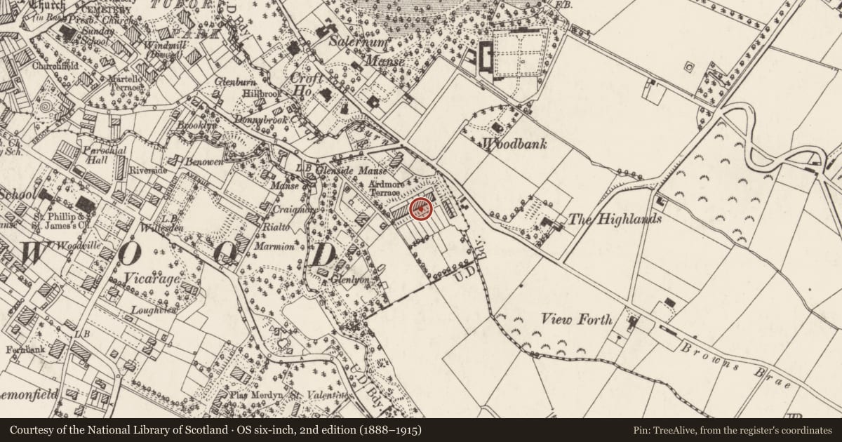 Ordnance Survey six-inch map, 2nd edition (1888–1915) covering the location of 5 Ardmore Terrace, Ballykeel, Ards and North Down, with a pin at the register's coordinates