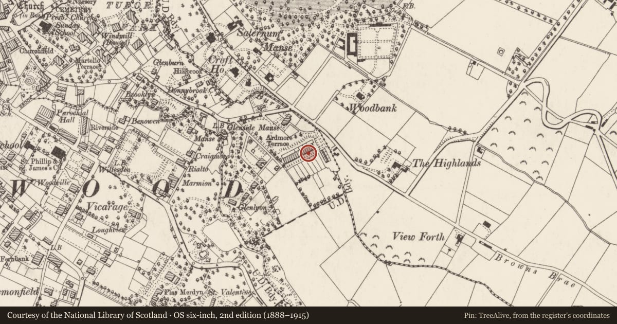 Ordnance Survey six-inch map, 2nd edition (1888–1915) covering the location of 6 Ardmore Terrace, Ballykeel, Ards and North Down, with a pin at the register's coordinates