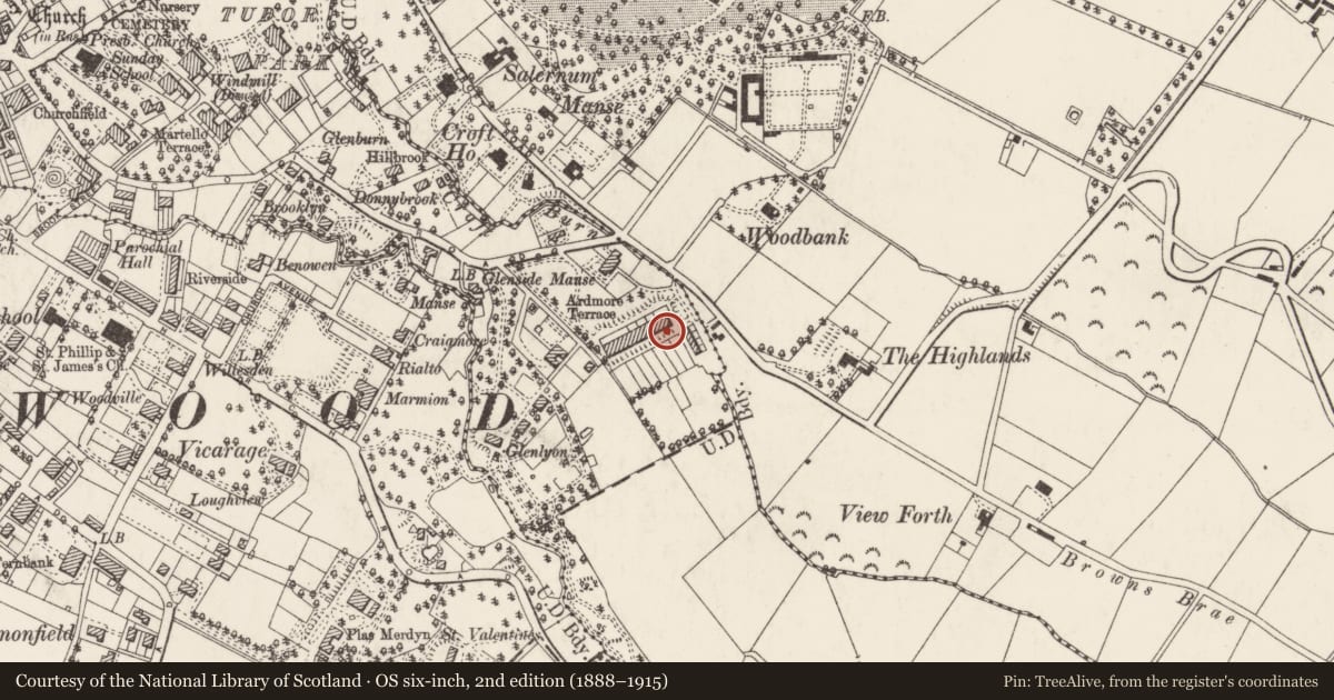 Ordnance Survey six-inch map, 2nd edition (1888–1915) covering the location of 7 Ardmore Terrace, Ballykeel, Ards and North Down, with a pin at the register's coordinates