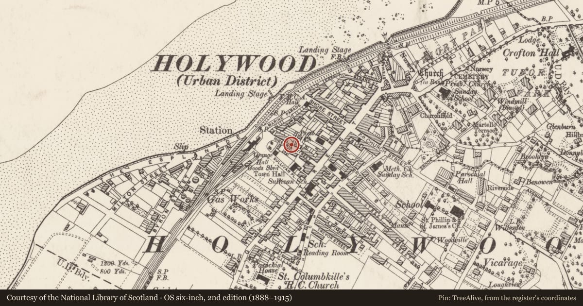Ordnance Survey six-inch map, 2nd edition (1888–1915) covering the location of 35 Hibernia Street, Ards and North Down, with a pin at the register's coordinates