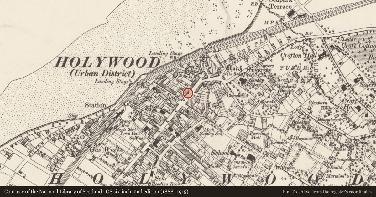 Ordnance Survey six-inch map, 2nd edition (1888–1915) covering the location of Walker Communications, Holywood, Ards and North Down, with a pin at the register's coordinates