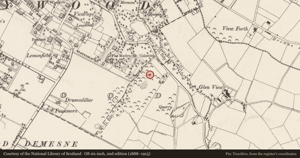 Ordnance Survey six-inch map, 2nd edition (1888–1915) covering the location of Priory Wood, Ards and North Down, with a pin at the register's coordinates