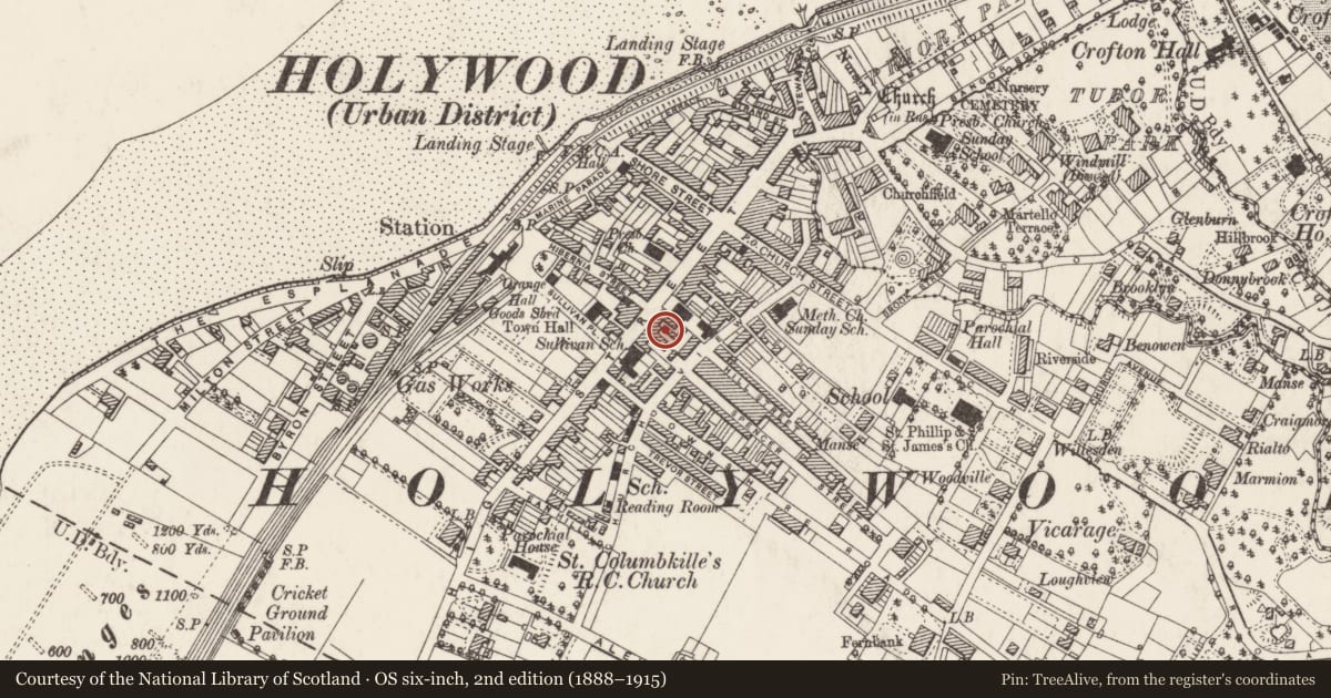 Ordnance Survey six-inch map, 2nd edition (1888–1915) covering the location of Former First Trust Bank, Holywood, Ards and North Down, with a pin at the register's coordinates