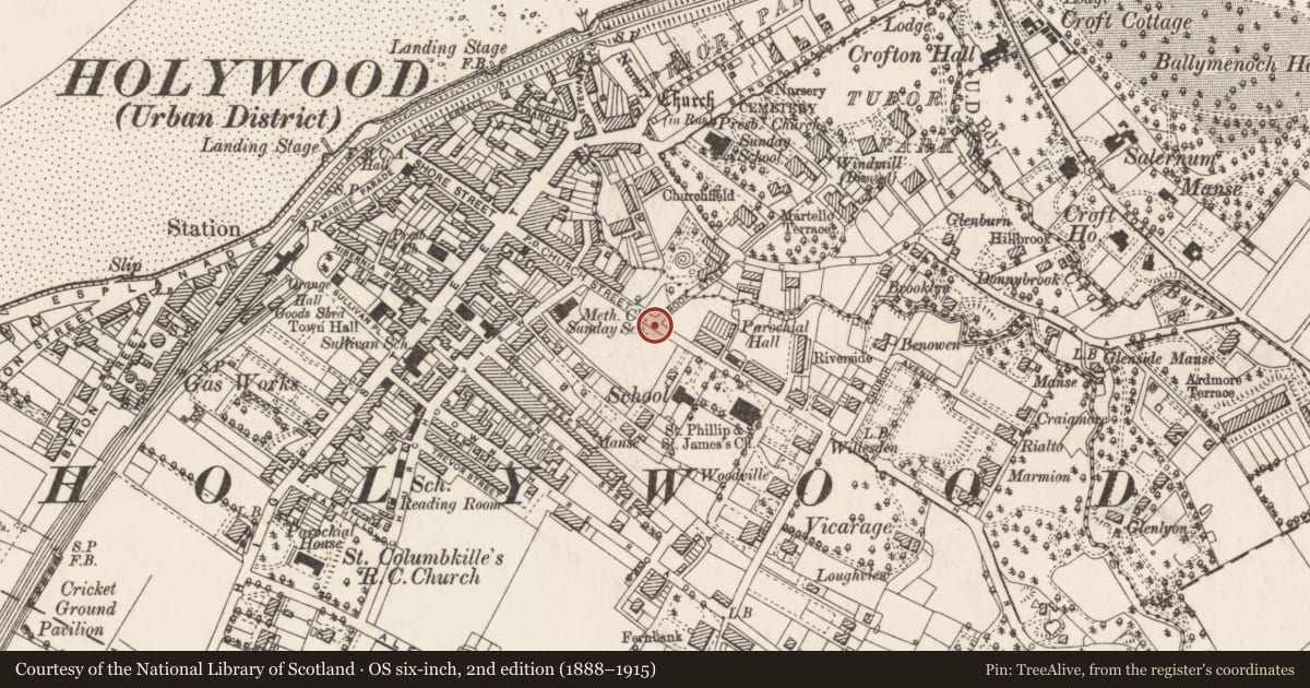 Ordnance Survey six-inch map, 2nd edition (1888–1915) covering the location of Holywood Nursery School, Ards and North Down, with a pin at the register's coordinates