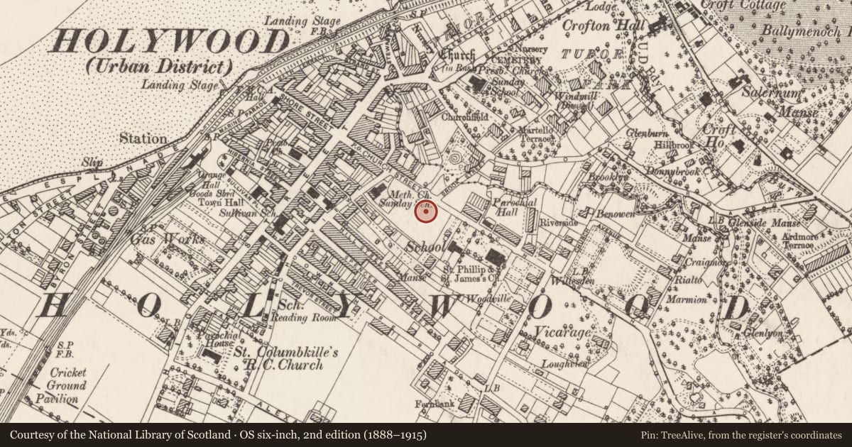 Ordnance Survey six-inch map, 2nd edition (1888–1915) covering the location of Soldiers and Sailor’s House, Ards and North Down, with a pin at the register's coordinates