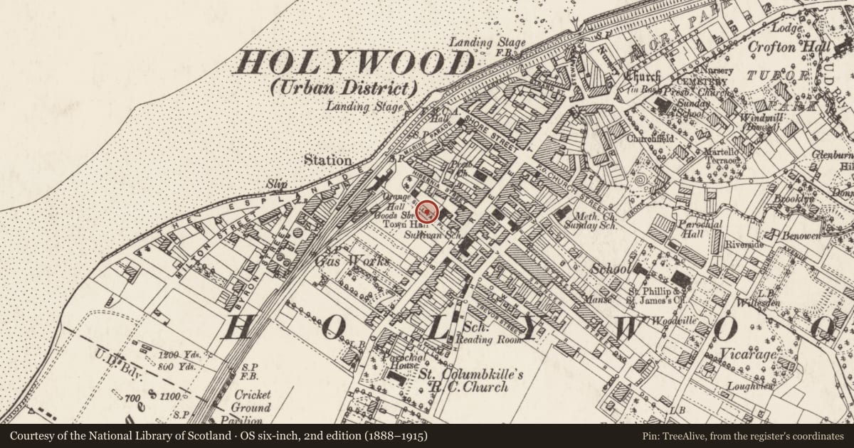 Ordnance Survey six-inch map, 2nd edition (1888–1915) covering the location of Holywood Sports Social Recreational Club, Ards and North Down, with a pin at the register's coordinates