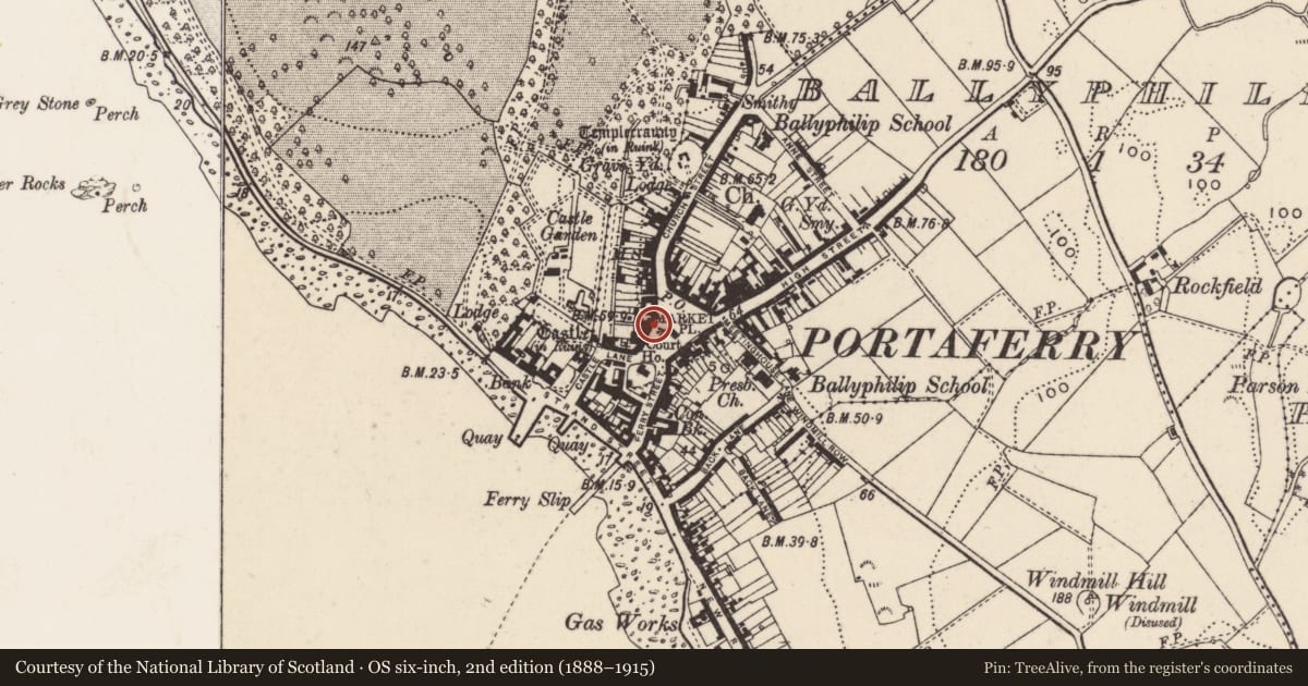 Ordnance Survey six-inch map, 2nd edition (1888–1915) covering the location of 16-17 The Square, Portaferry, Co Down BT22 1LW, Ballyphilip, Ards and North Down, with a pin at the register's coordinates