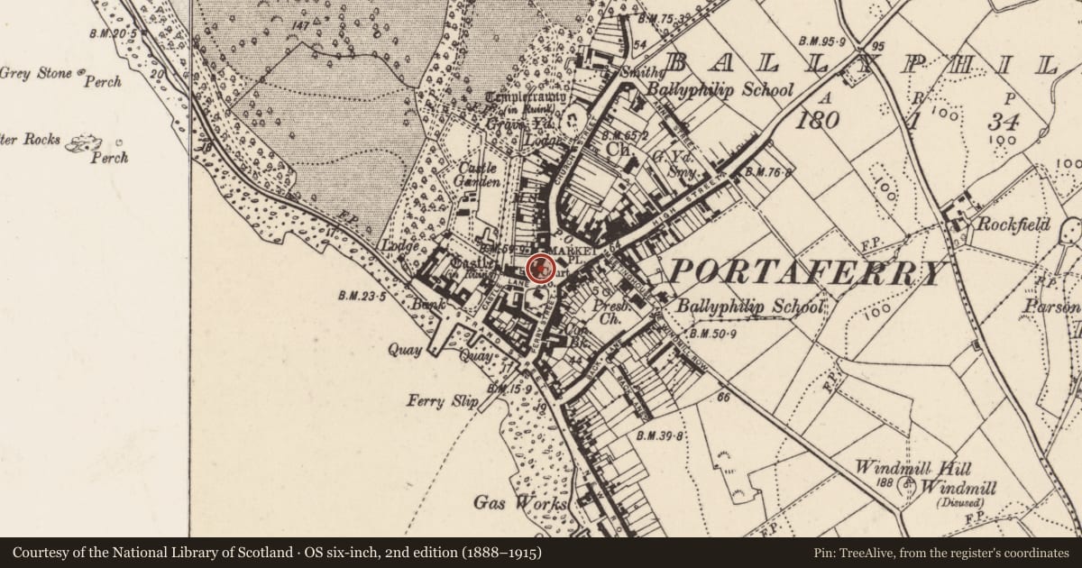Ordnance Survey six-inch map, 2nd edition (1888–1915) covering the location of 21 The Square, Ballyphilip, Ards and North Down, with a pin at the register's coordinates