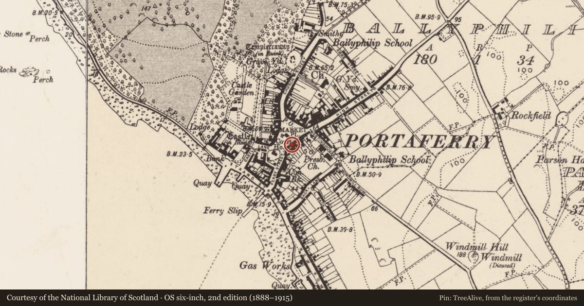 Ordnance Survey six-inch map, 2nd edition (1888–1915) covering the location of 'Portaferry Orange and Protestant Hall', Ballyphilip, Ards and North Down, with a pin at the register's coordinates