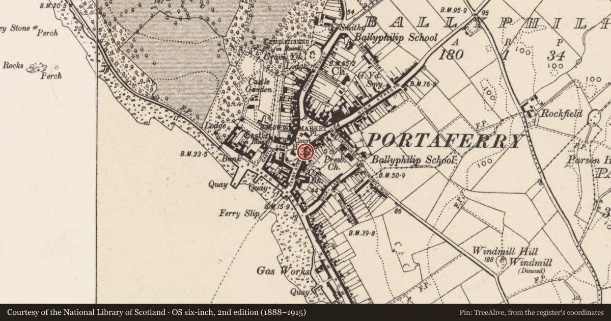 Ordnance Survey six-inch map, 2nd edition (1888–1915) covering the location of 2 Ferry Street, Ballyphilip, Ards and North Down, with a pin at the register's coordinates