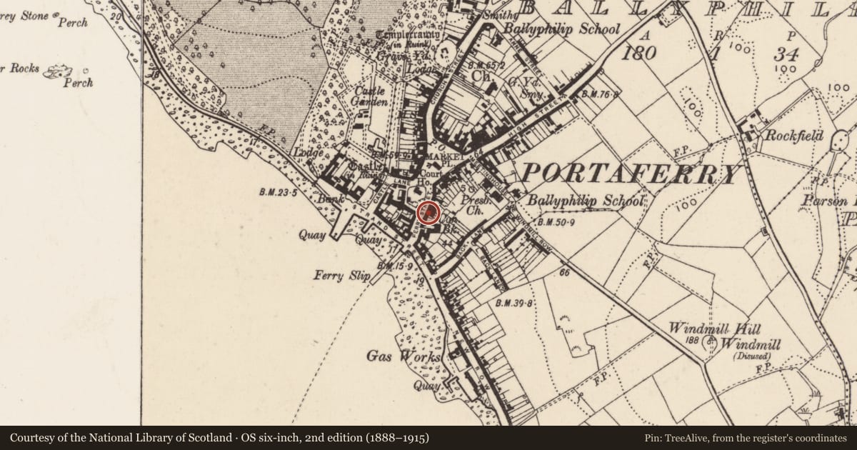 Ordnance Survey six-inch map, 2nd edition (1888–1915) covering the location of 14 Ferry Street, Ballyphilip, Ards and North Down, with a pin at the register's coordinates