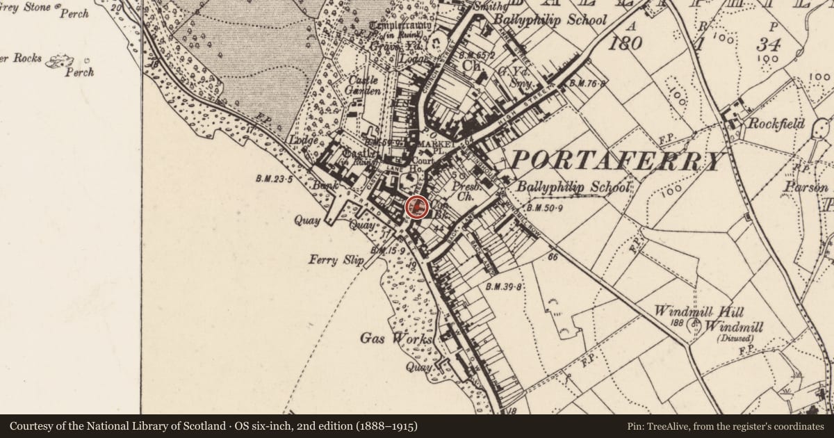 Ordnance Survey six-inch map, 2nd edition (1888–1915) covering the location of 18-20 Ferry St., Ards and North Down, with a pin at the register's coordinates