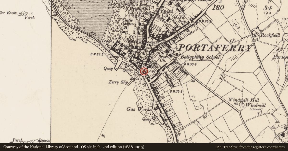 Ordnance Survey six-inch map, 2nd edition (1888–1915) covering the location of 28 Ferry St., Ards and North Down, with a pin at the register's coordinates