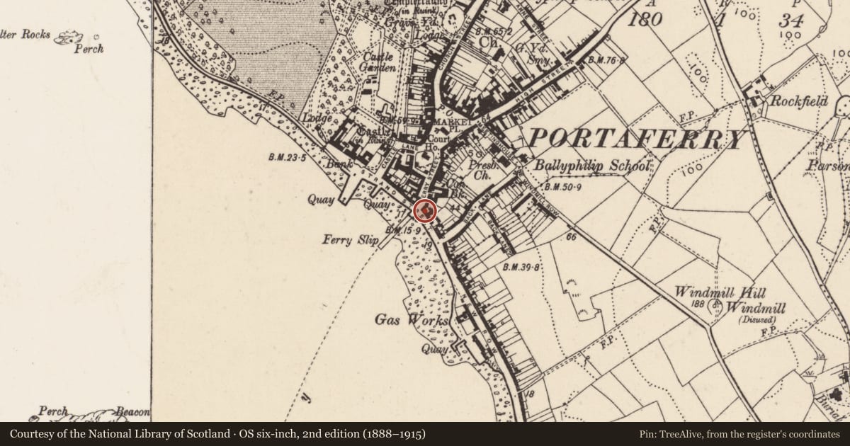 Ordnance Survey six-inch map, 2nd edition (1888–1915) covering the location of 30 Ferry St. And 2 Shore Road, Ards and North Down, with a pin at the register's coordinates