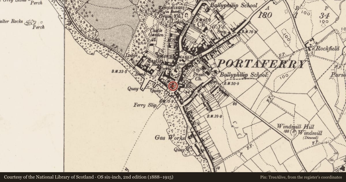 Ordnance Survey six-inch map, 2nd edition (1888–1915) covering the location of 9-11 Ferry Street, Ballyphilip, Ards and North Down, with a pin at the register's coordinates