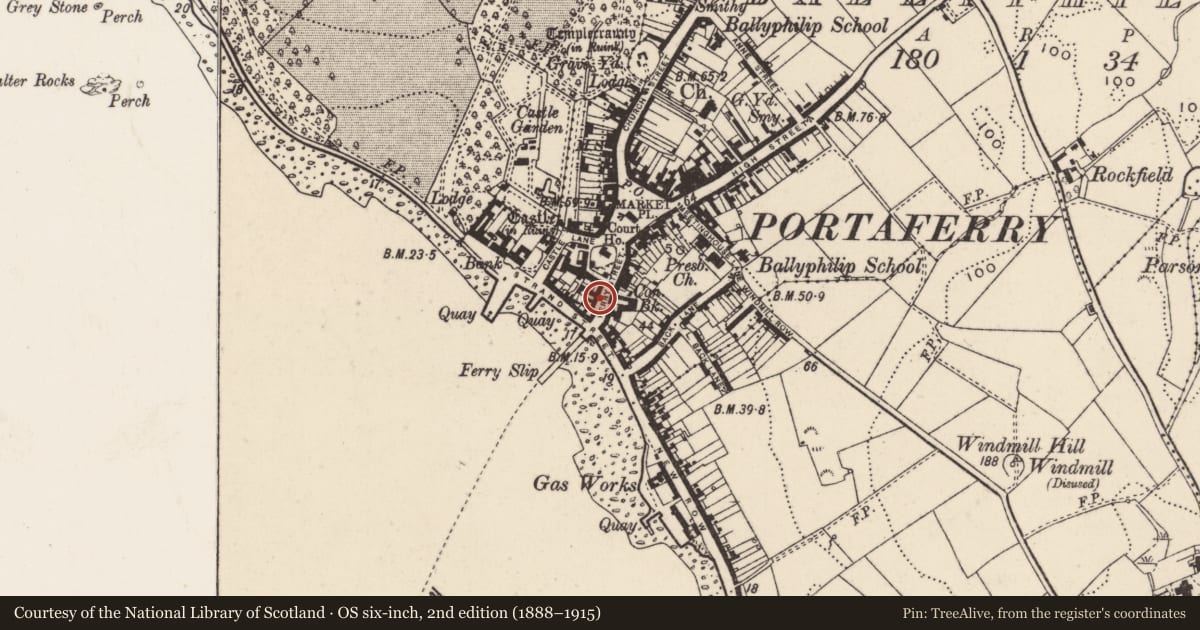 Ordnance Survey six-inch map, 2nd edition (1888–1915) covering the location of 5-7 Ferry Street, Ballyphilip, Ards and North Down, with a pin at the register's coordinates