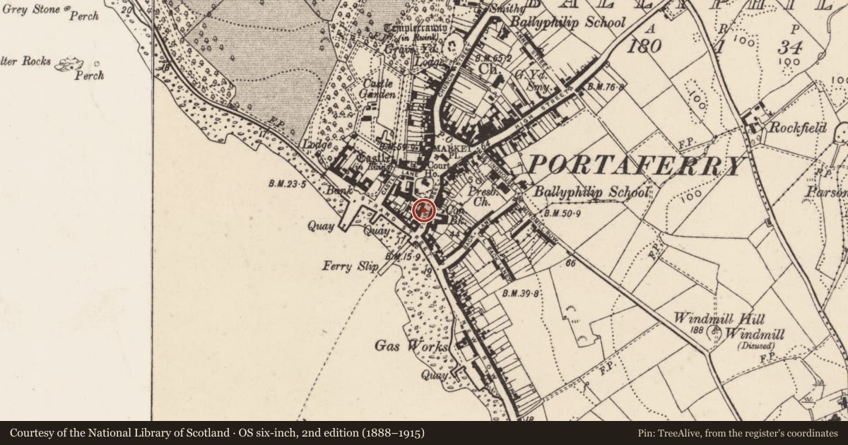 Ordnance Survey six-inch map, 2nd edition (1888–1915) covering the location of 3 Ferry Street, Ballyphilip, Ards and North Down, with a pin at the register's coordinates
