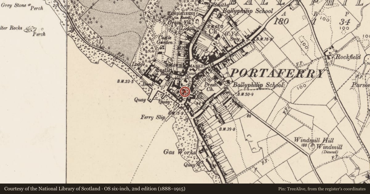 Ordnance Survey six-inch map, 2nd edition (1888–1915) covering the location of 1 Ferry Street, Ballyphilip, Ards and North Down, with a pin at the register's coordinates