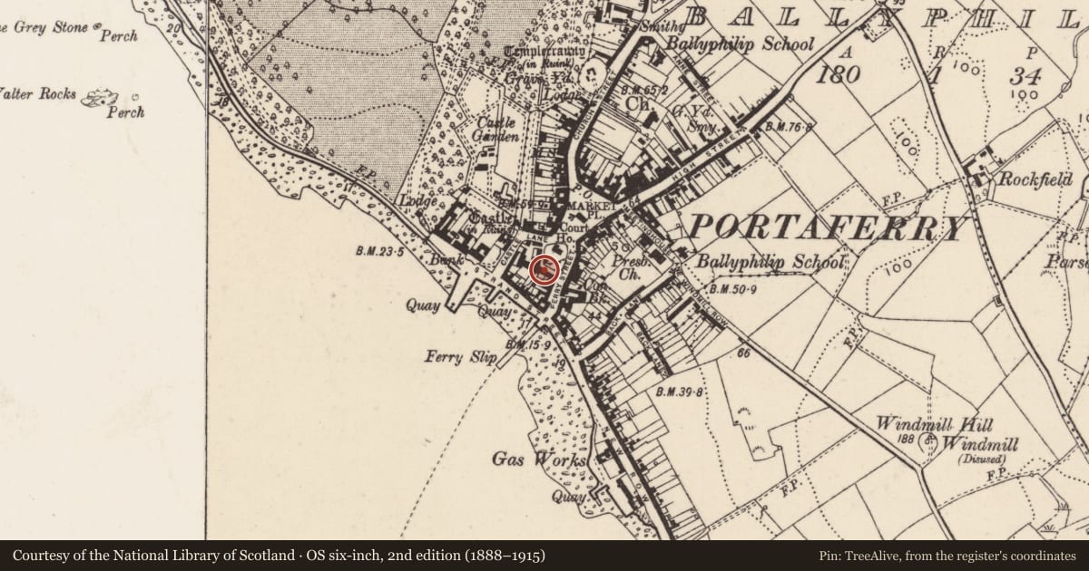 Ordnance Survey six-inch map, 2nd edition (1888–1915) covering the location of 2-4 Cuan Place, Ballyphilip, Ards and North Down, with a pin at the register's coordinates