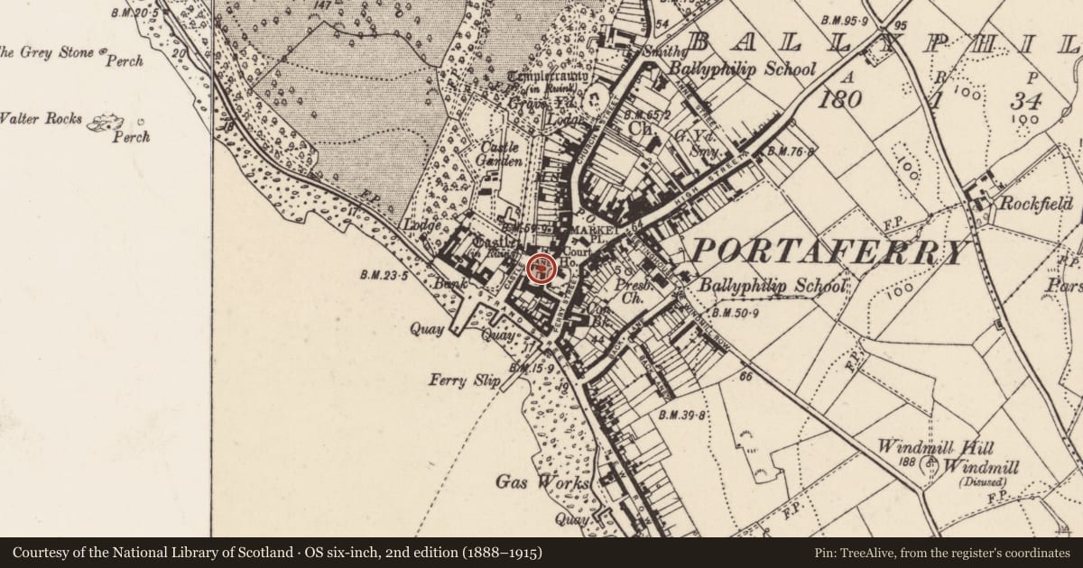 Ordnance Survey six-inch map, 2nd edition (1888–1915) covering the location of The ‘Corn Store’, Ballyphilip, Ards and North Down, with a pin at the register's coordinates
