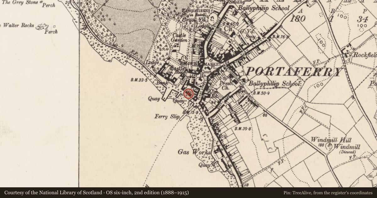 Ordnance Survey six-inch map, 2nd edition (1888–1915) covering the location of 7 The Strand, Ballyphilip, Ards and North Down, with a pin at the register's coordinates