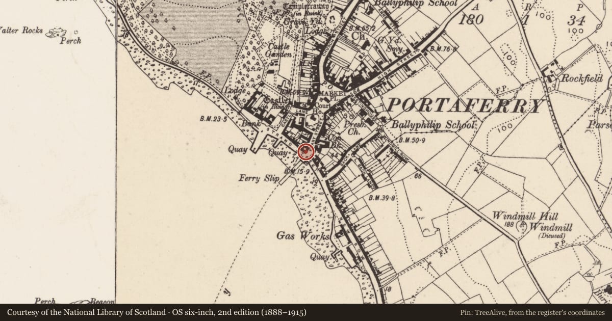 Ordnance Survey six-inch map, 2nd edition (1888–1915) covering the location of The Slip Inn, Ballyphilip, Ards and North Down, with a pin at the register's coordinates