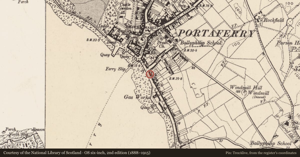 Ordnance Survey six-inch map, 2nd edition (1888–1915) covering the location of 24 Shore Road, Ballyphilip, Ards and North Down, with a pin at the register's coordinates
