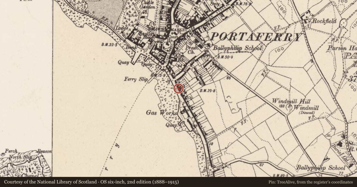 Ordnance Survey six-inch map, 2nd edition (1888–1915) covering the location of 28 Shore Road, Ballyphilip, Ards and North Down, with a pin at the register's coordinates