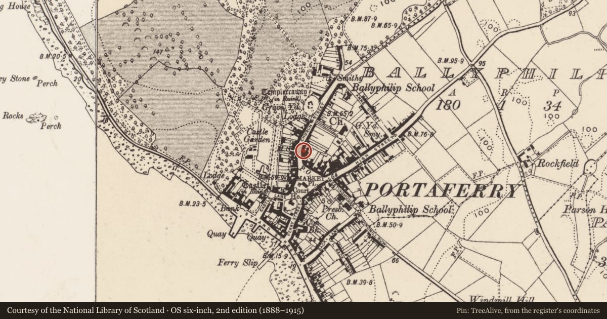 Ordnance Survey six-inch map, 2nd edition (1888–1915) covering the location of Site of former 5-9 Church Street, Ballyphilip, Ards and North Down, with a pin at the register's coordinates