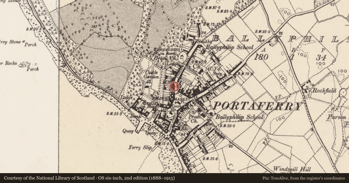 Ordnance Survey six-inch map, 2nd edition (1888–1915) covering the location of 14 Church Street, Ballyphilip, Ards and North Down, with a pin at the register's coordinates