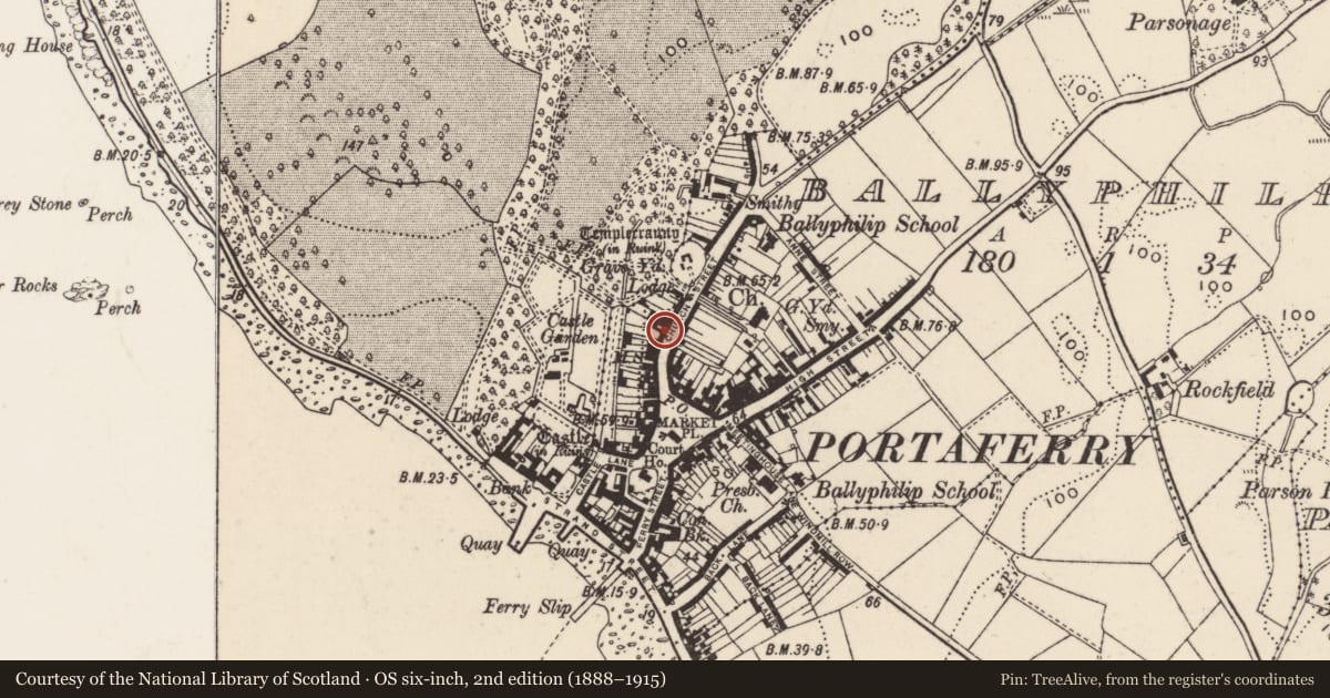 Ordnance Survey six-inch map, 2nd edition (1888–1915) covering the location of 32-34 Church Street, Ballyphilip, Ards and North Down, with a pin at the register's coordinates