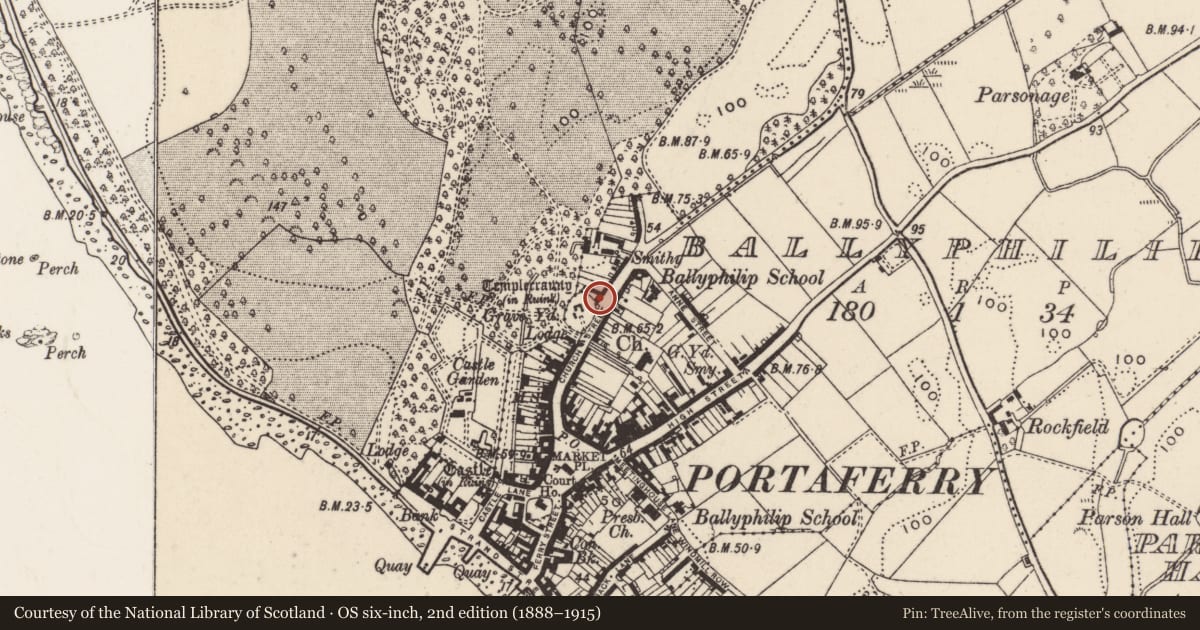 Ordnance Survey six-inch map, 2nd edition (1888–1915) covering the location of 52-54 Church Street, Ballyphilip, Ards and North Down, with a pin at the register's coordinates