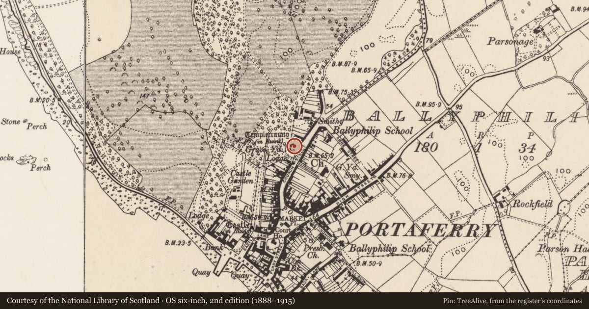Ordnance Survey six-inch map, 2nd edition (1888–1915) covering the location of Templecraney Old Church, Ballyphilip, Ards and North Down, with a pin at the register's coordinates