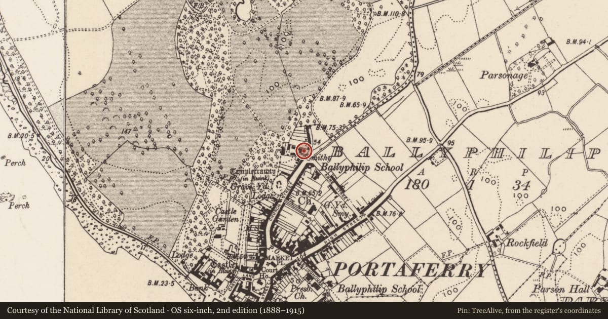 Ordnance Survey six-inch map, 2nd edition (1888–1915) covering the location of ‘Brewery Yard’, Ballyphilip, Ards and North Down, with a pin at the register's coordinates