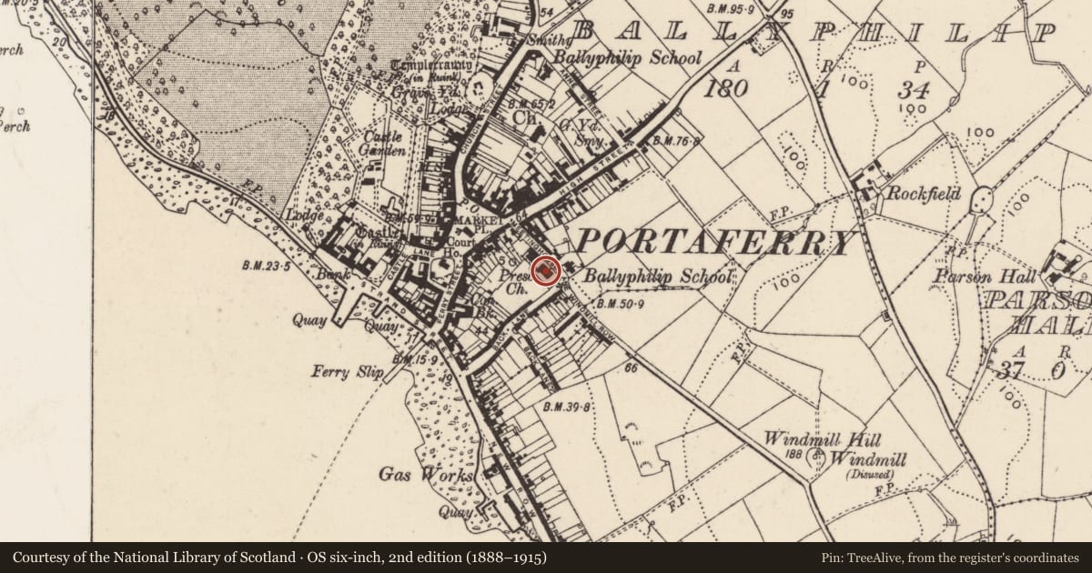 Ordnance Survey six-inch map, 2nd edition (1888–1915) covering the location of Portaferry Presbyterian Church, Ballyphilip, Ards and North Down, with a pin at the register's coordinates