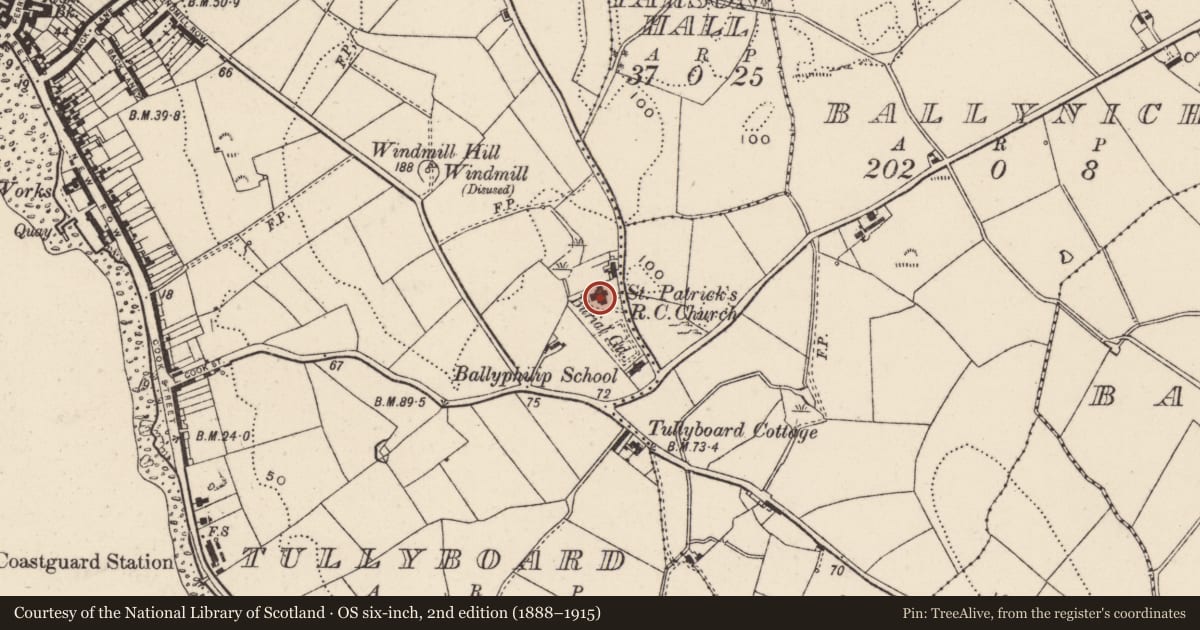 Ordnance Survey six-inch map, 2nd edition (1888–1915) covering the location of St. Patrick’s RC Church, Tullyboard, Ards and North Down, with a pin at the register's coordinates