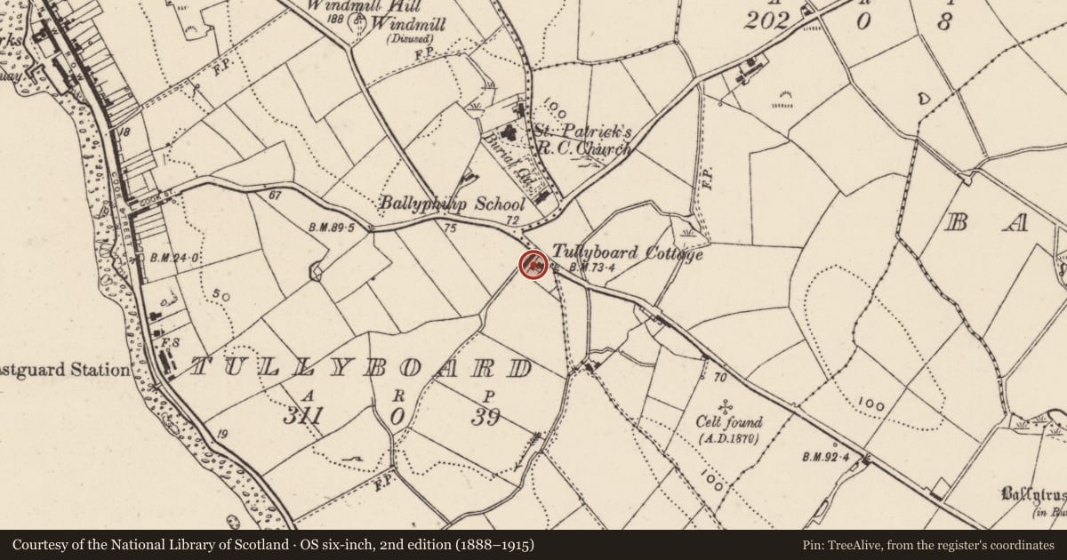 Ordnance Survey six-inch map, 2nd edition (1888–1915) covering the location of 1 Ballyfounder Road, Tullyboard, Ards and North Down, with a pin at the register's coordinates