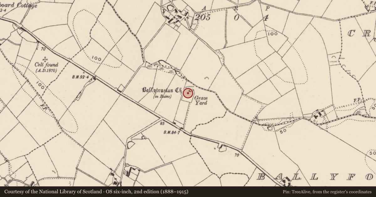 Ordnance Survey six-inch map, 2nd edition (1888–1915) covering the location of Ballytrustan Church ruin, Ards and North Down, with a pin at the register's coordinates