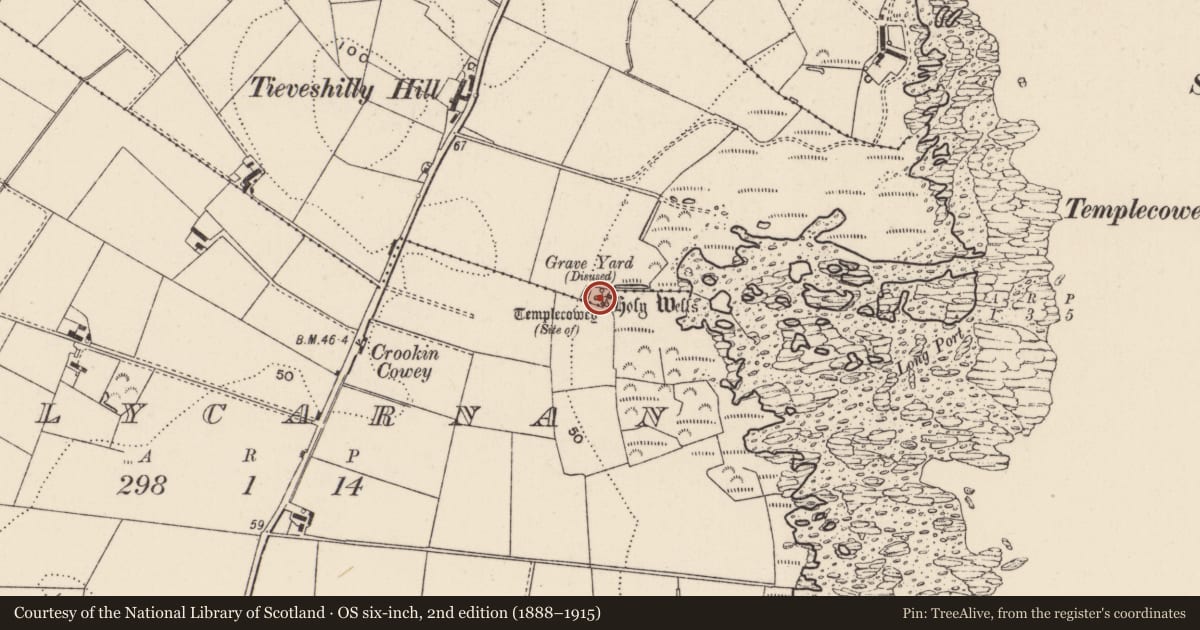 Ordnance Survey six-inch map, 2nd edition (1888–1915) covering the location of St Cooey’s Wells, Tullycarnan, Ards and North Down, with a pin at the register's coordinates