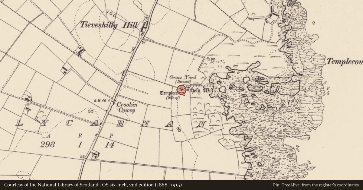 Ordnance Survey six-inch map, 2nd edition (1888–1915) covering the location of Templecooey ruins and graveyard, Tieveshilly, Ards and North Down, with a pin at the register's coordinates